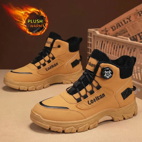 Botas de invierno cálidas de forro polar para hombre, con hebilla giratoria, caña alta, suela gruesa antideslizante, zapatos cómodos para la temporada fría y uso diario en la ciudad.