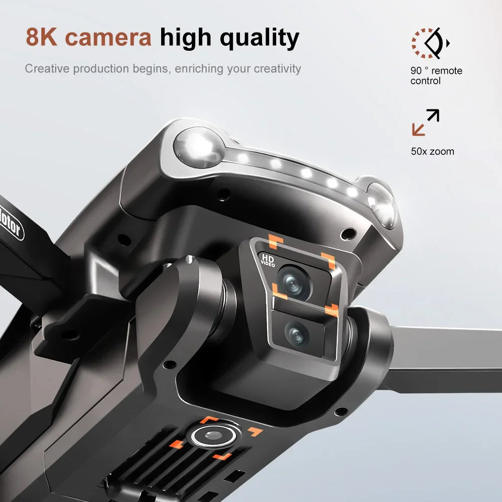 Detalle de la cámara del dron negro con doble lente y luces LED