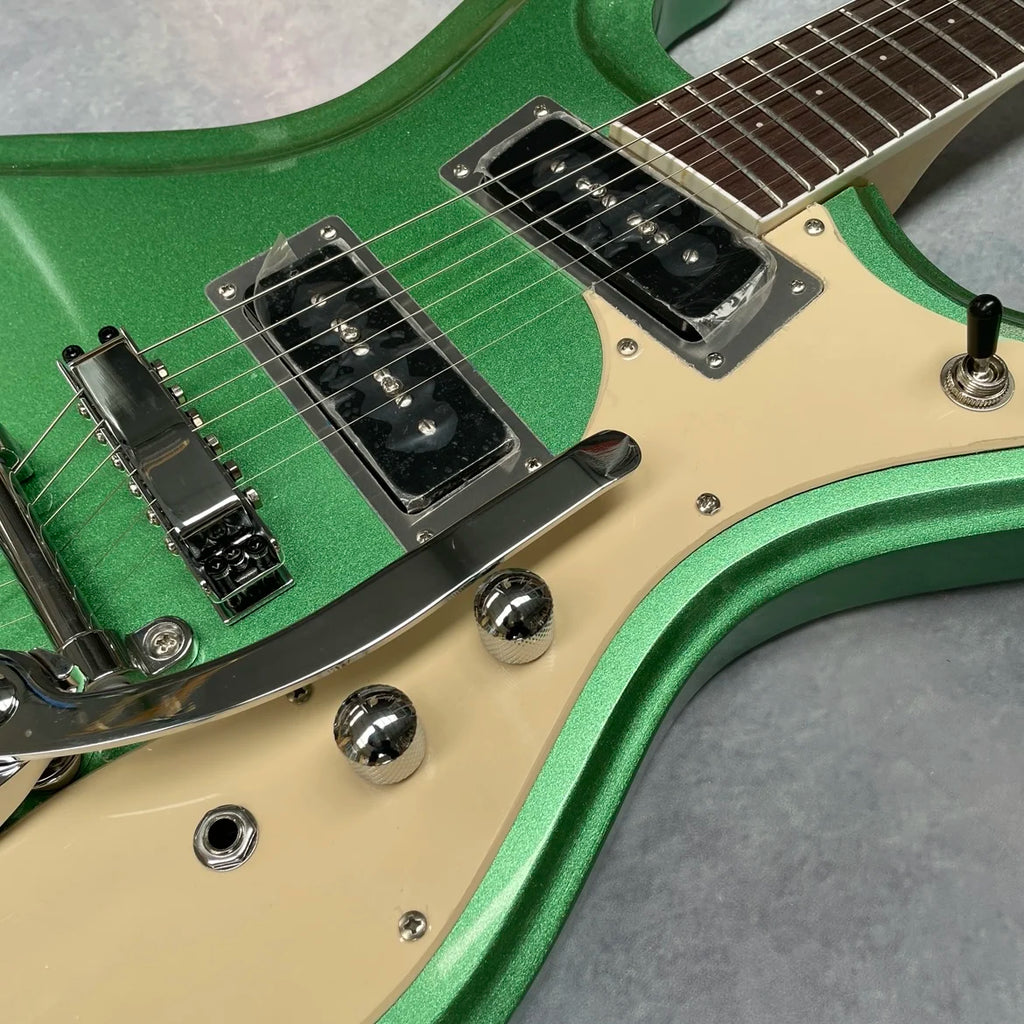 Guitarra eléctrica verde metálica, diapasón de palisandro, caoba, herrajes blancos, guitarra eléctrica, guitarra