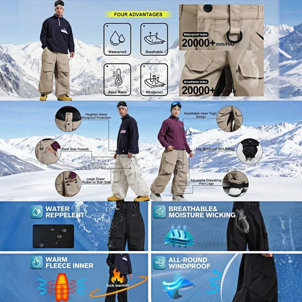 Pantalones de esquí holgados resistentes al desgaste para hombre, pantalones de invierno con bolsillos sueltos aislados para mujer, ropa impermeable para deportes al aire libre, cálida 2025