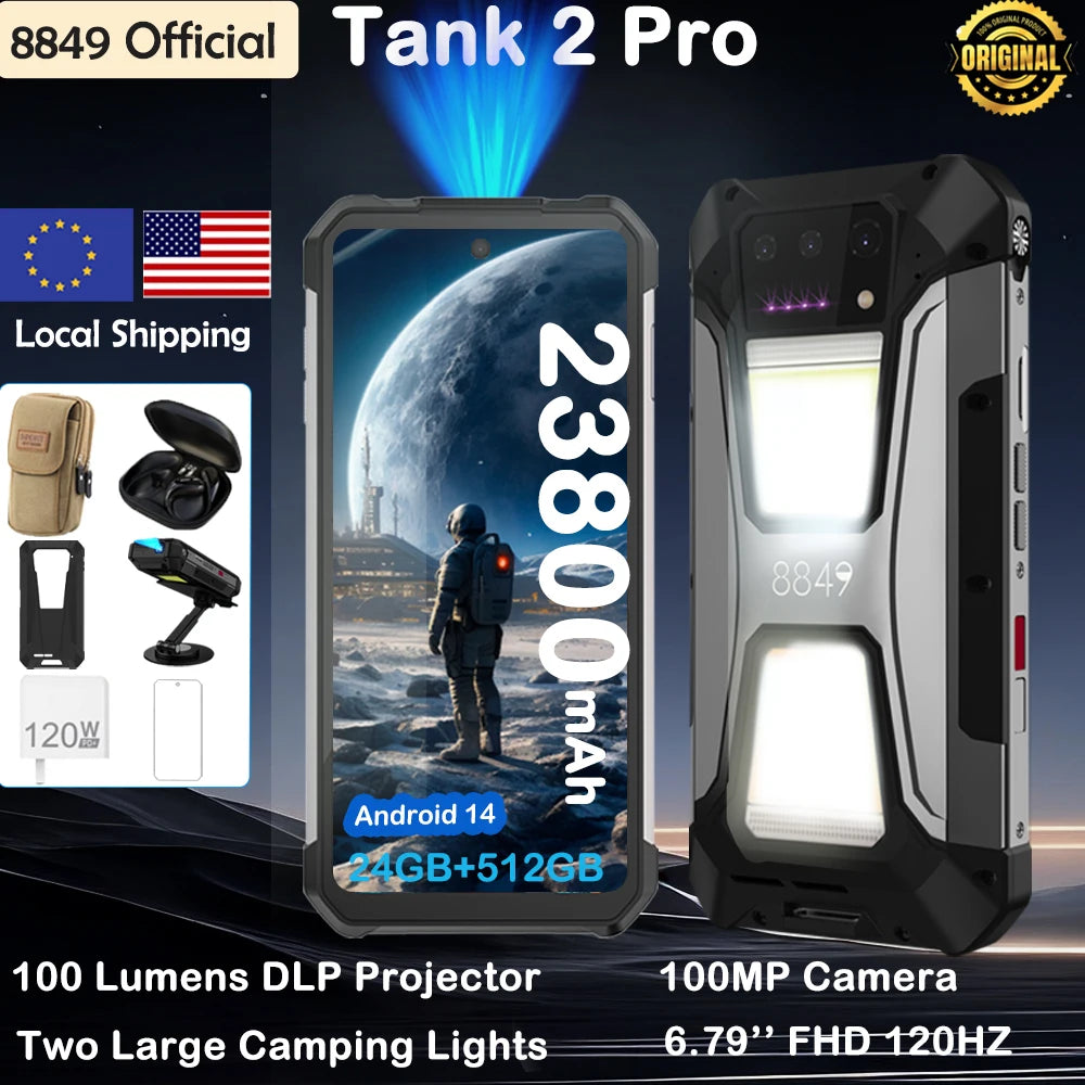 Smartphone resistente 8849 Tank 2 PRO con proyector de 100 lúmenes, Android 14, 23800 mAh, cámara de 100 MP, 512 GB, 120 W, 2.4K, 120 Hz, doble SIM