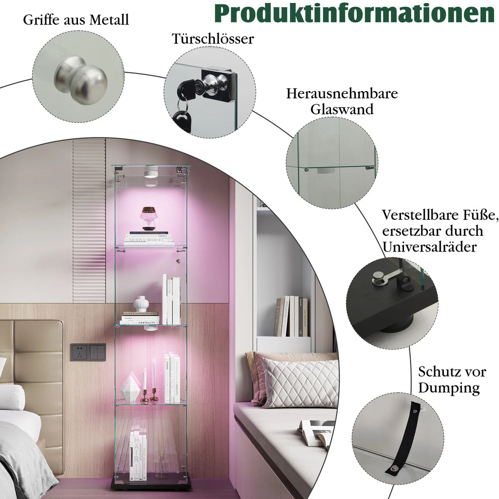 Vitrina de cristal con luces LED, vitrina de exhibición con 4 estantes de cristal y puertas con cerradura, vitrina moderna para coleccionables, libros, figuras, sala de estar, 163 X 80.6 X 36.5 CM