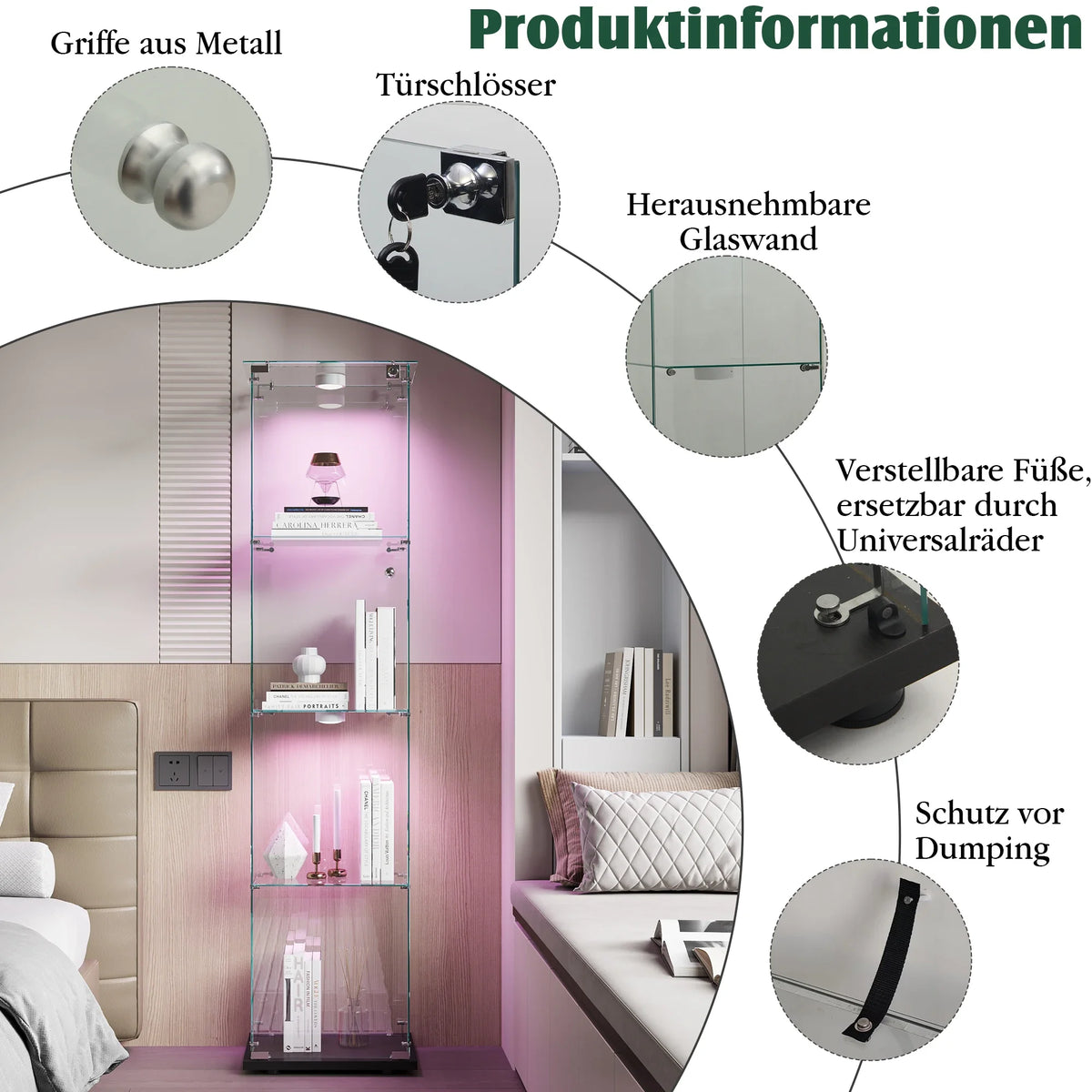 Vitrina de cristal con luces LED, vitrina de exhibición con 4 estantes de cristal y puertas con cerradura, vitrina moderna para coleccionables, libros, figuras, sala de estar, 163 X 80.6 X 36.5 CM