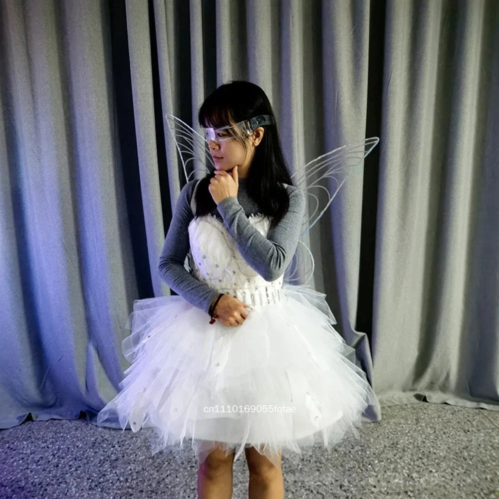 Vestido de plumas luminosas LED, alas de ángel iluminadas, alas de mariposa coloridas, traje de hada para desfile, cosplay de Halloween.