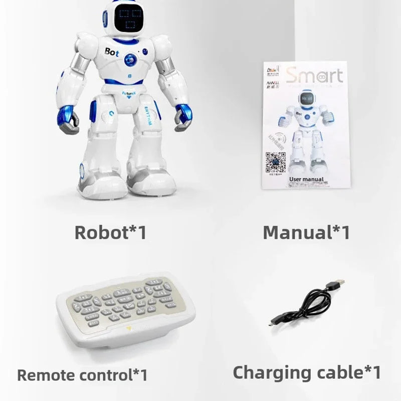 Set de robot educativo blanco y azul con control remoto, manual y cable de carga