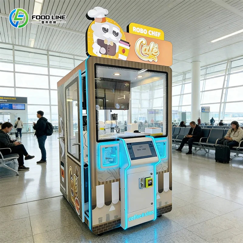Máquina expendedora robótica de café, cabina blanca con iluminación azul, vidriera y paneles.