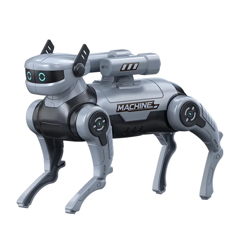 Perro robot plateado con cabeza estilizada y cola mecánica, vista lateral
