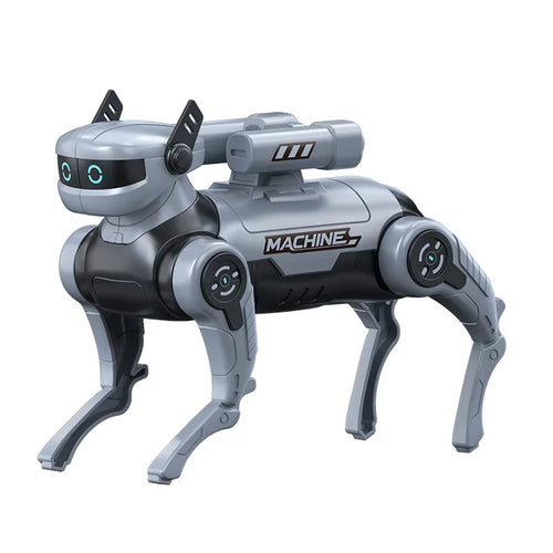 Perro robot plateado con cabeza estilizada y cola mecánica, vista lateral