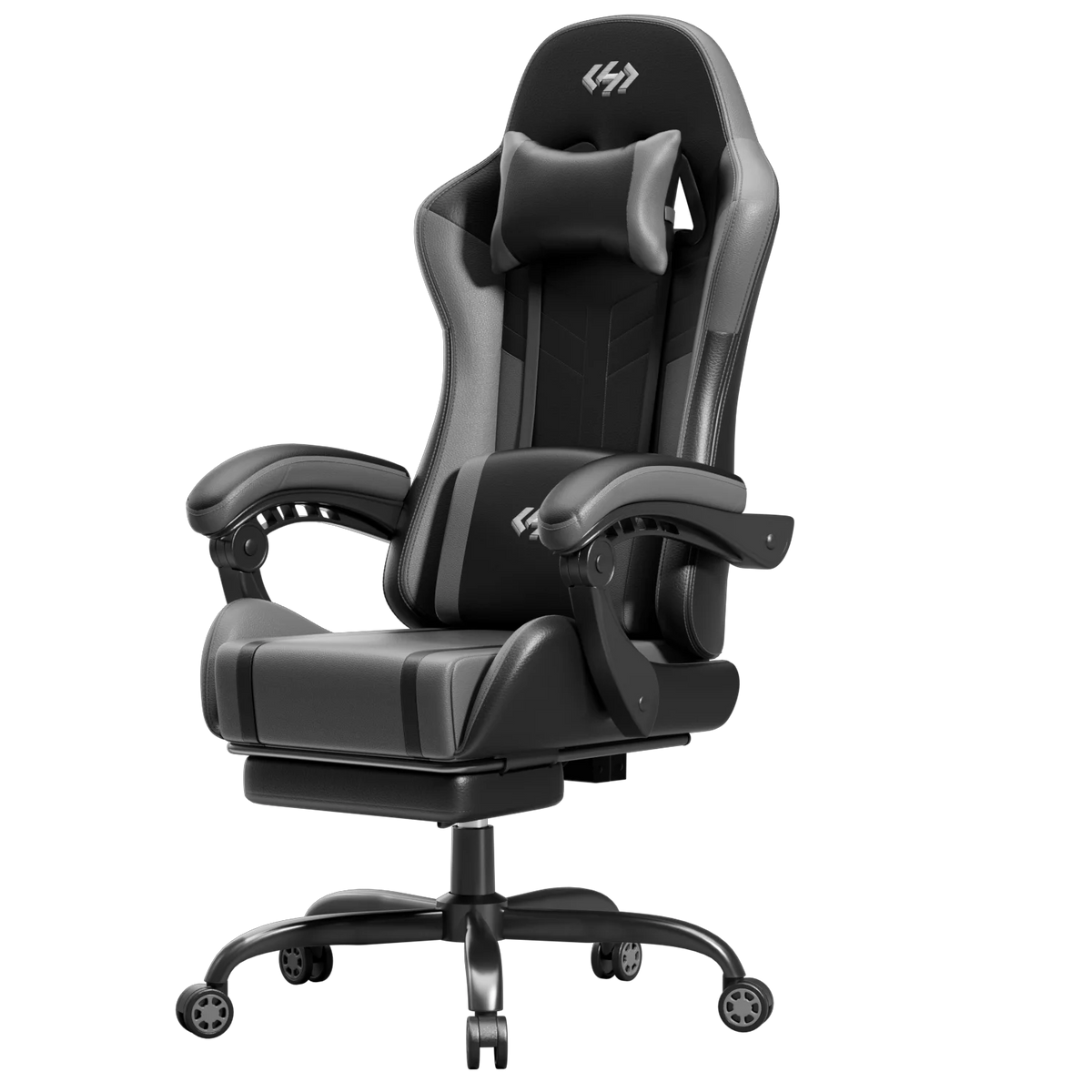 Silla de gaming ergonómica negra y gris, reposacabezas acolchado y base giratoria