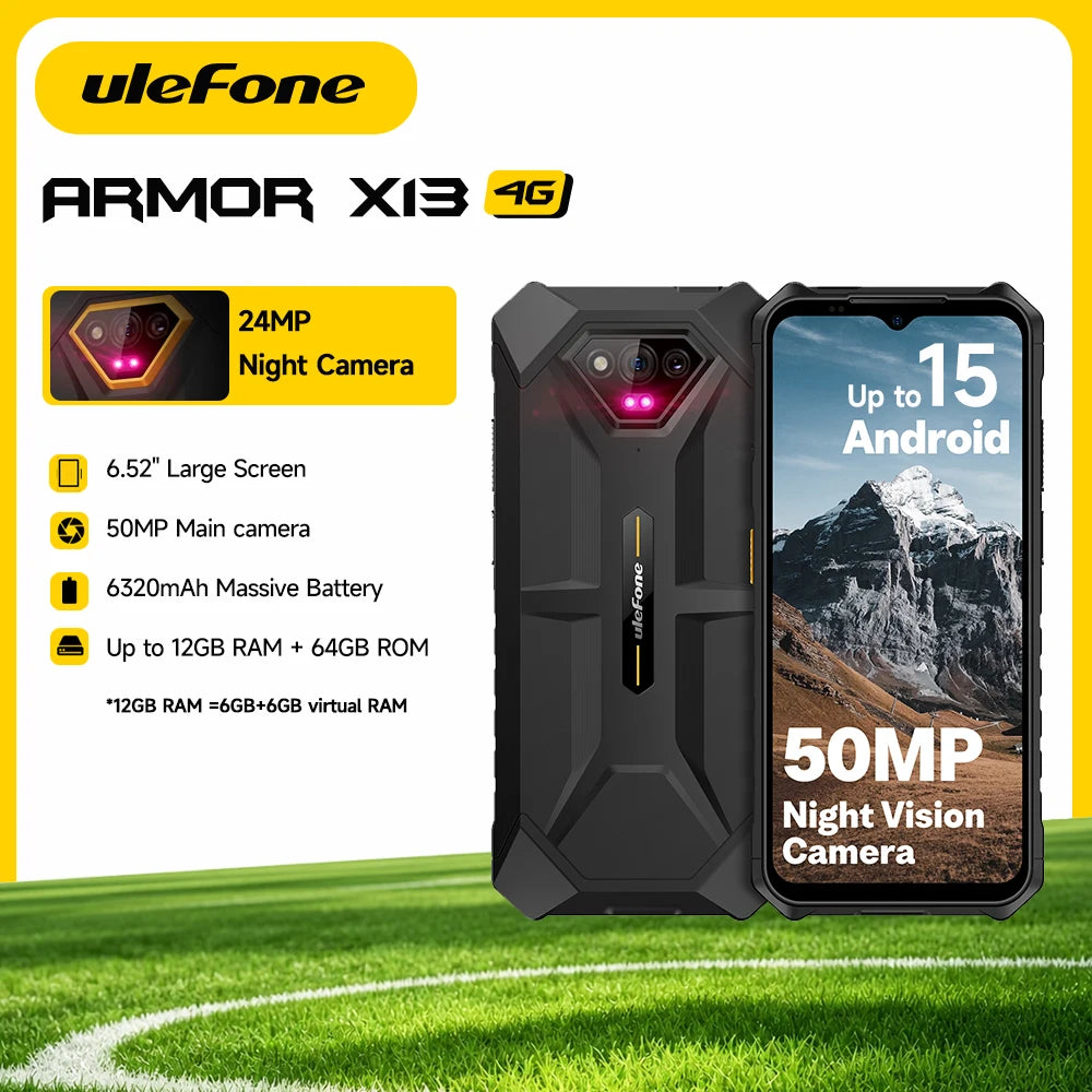 Teléfono resistente Ulefone Armor X13, hasta 12 GB de RAM + 64 GB de ROM, smartphone con Android 15, 6320 mAh, 50 MP, 6,52", NFC, 4G, GPS, versión global