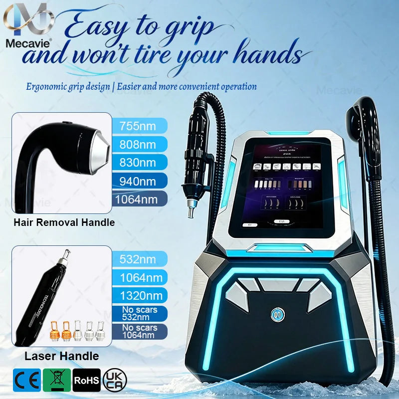 Máquina Profesional 2 en 1 de Depilación Láser de Diodo y Eliminación de Tatuajes con Láser Picosegundo ND YAG 755 808 830 940 1064nm con Enfriamiento por Hielo