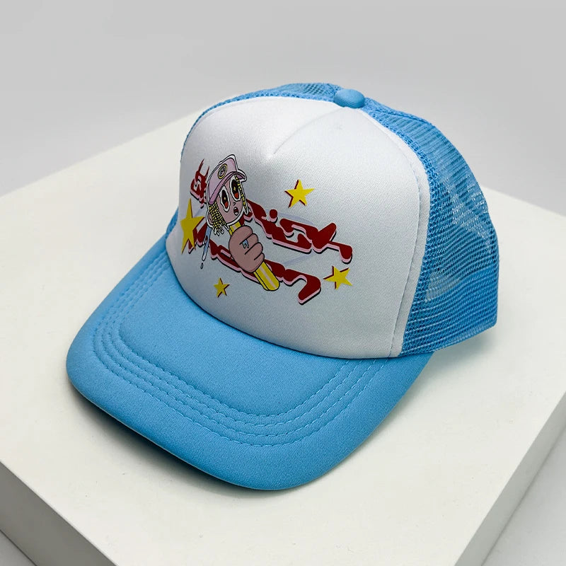 Gorra de béisbol estilo americano para crucero, con estampado de anime y letras, de malla tipo camionero, transpirable, para hombres y mujeres, versátil y a la moda