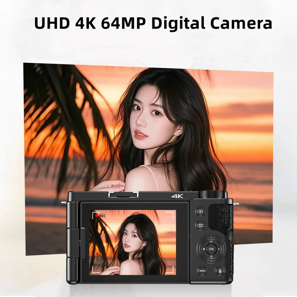 Cámara Digital Selfie 4K de 64MP con Zoom Óptico 12X, Pantalla Abatible, Videocámara Vlog, Grabadora de Video, Cámara Fotográfica, Cámara Web para Transmisión en Vivo