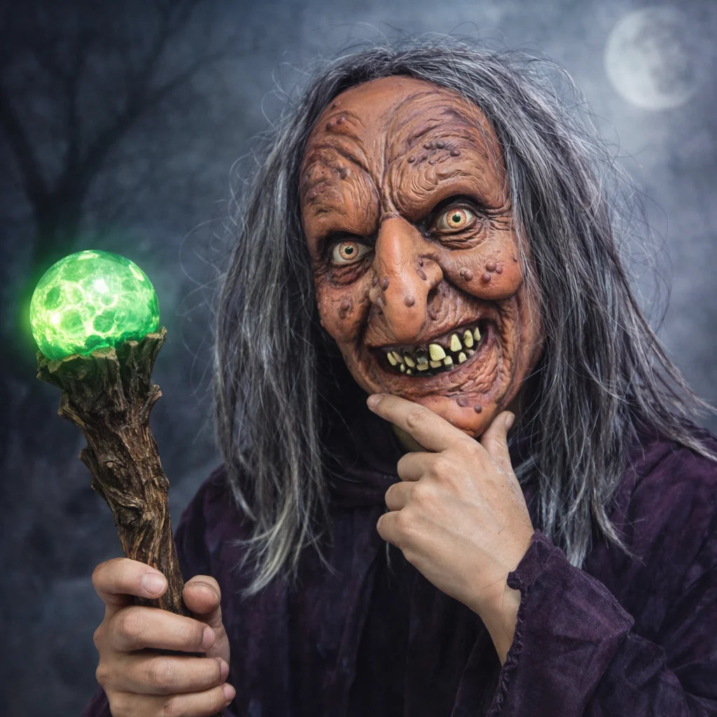 Máscara de bruja detallada con cabello gris, máscara de terror para disfraz de Halloween/fiesta/actuación en escenario