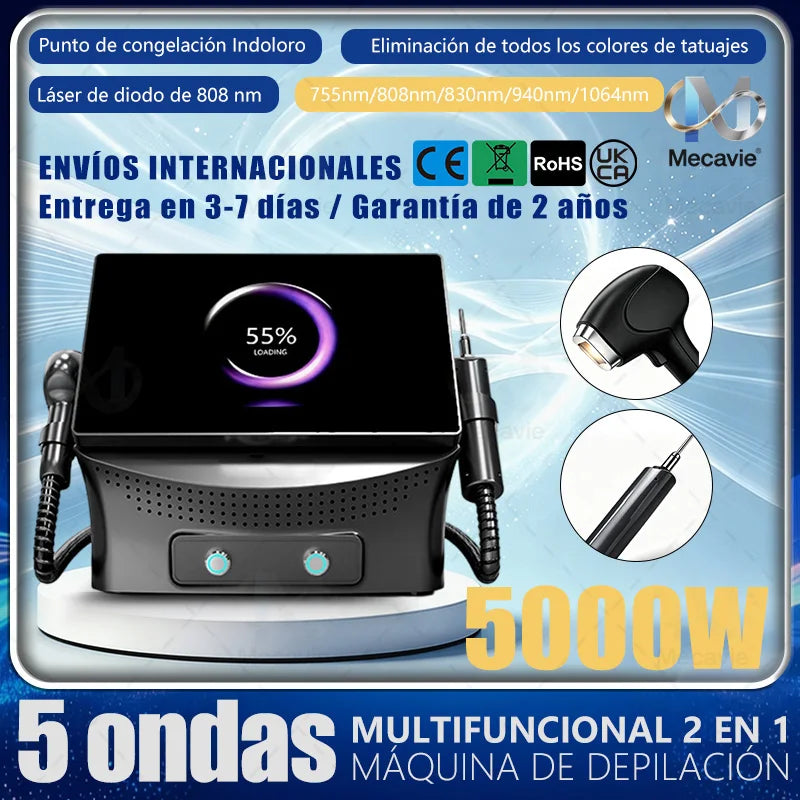 Máquina de Depilación Láser de Diodo 2 en 1 de Alta Potencia 5000W 755/808/830/940/1064nm, Dispositivo de Depilación Corporal Indoloro con Hielo y Titanio