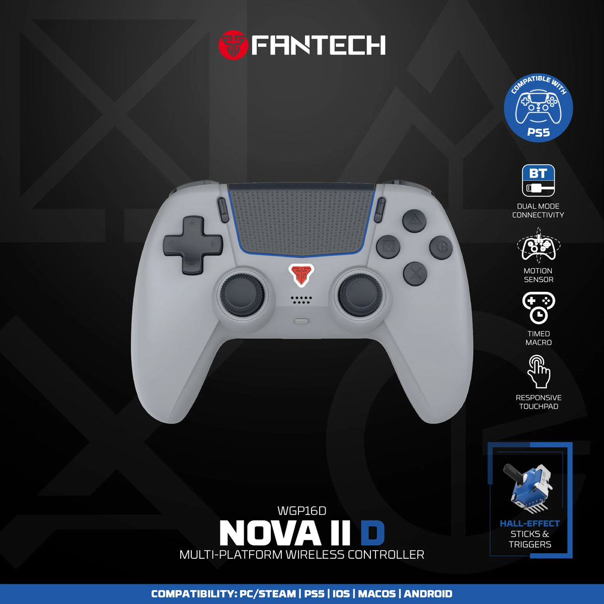 FANTECH NOVA IID WGP16D BT 5.3 Wireless Gamepad Hall Effect Vibration Hall Joystick Gaming Controller For PS5 PC iOS Android