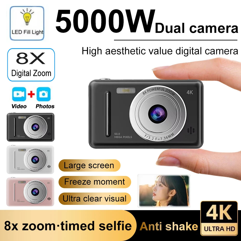 Cámara Digital 4K IPS HD de 50MP con CCD, Pantalla de 2.4 Pulgadas, Autoenfoque, Videocámara para Estudiantes, Cámara Dual 8X y Flash LED para Grabación de Video y Fotos