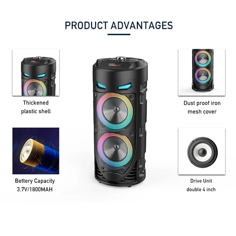 Columna inalámbrica de 30W, altavoz estéreo portátil con Bluetooth de gran potencia, subwoofer, altavoces de fiesta de graves con micrófono, Karaoke familiar, USB