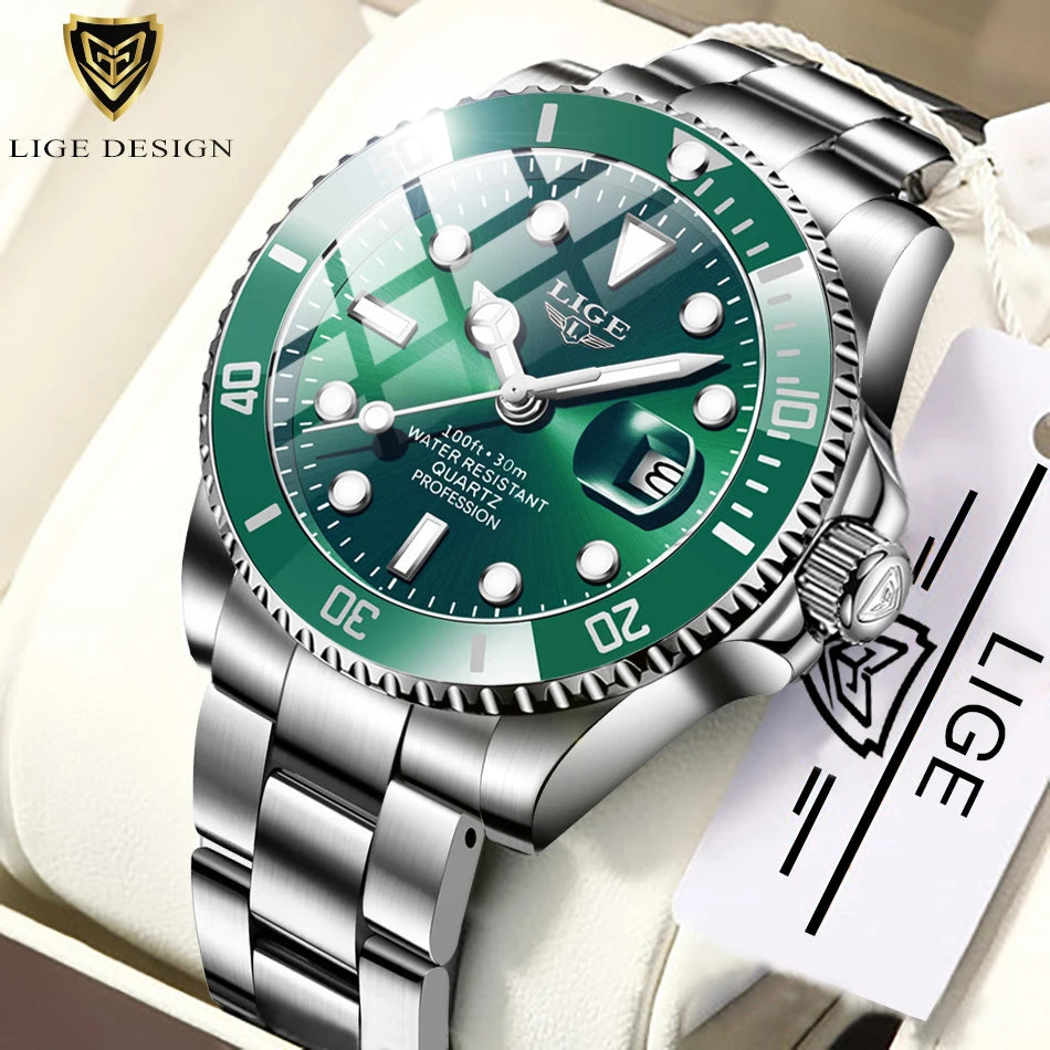 Reloj de pulsera deportivo para hombre LIGE, de cuarzo, marca de lujo, estilo buceo, resistente al agua 30ATM, con calendario.