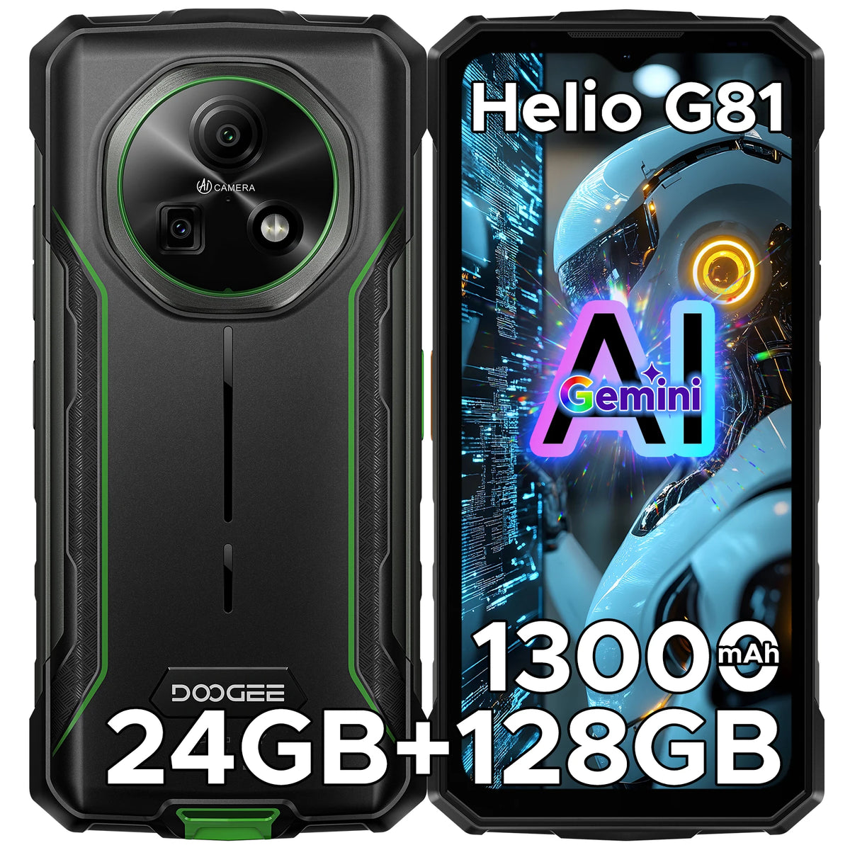 Smartphone DOOGEE Fire 5 Pro Gemini AI resistente, batería de 13000mAh, 24GB RAM (4+20) 128GB ROM, Helio G81, 6.6" 90Hz, Android 16