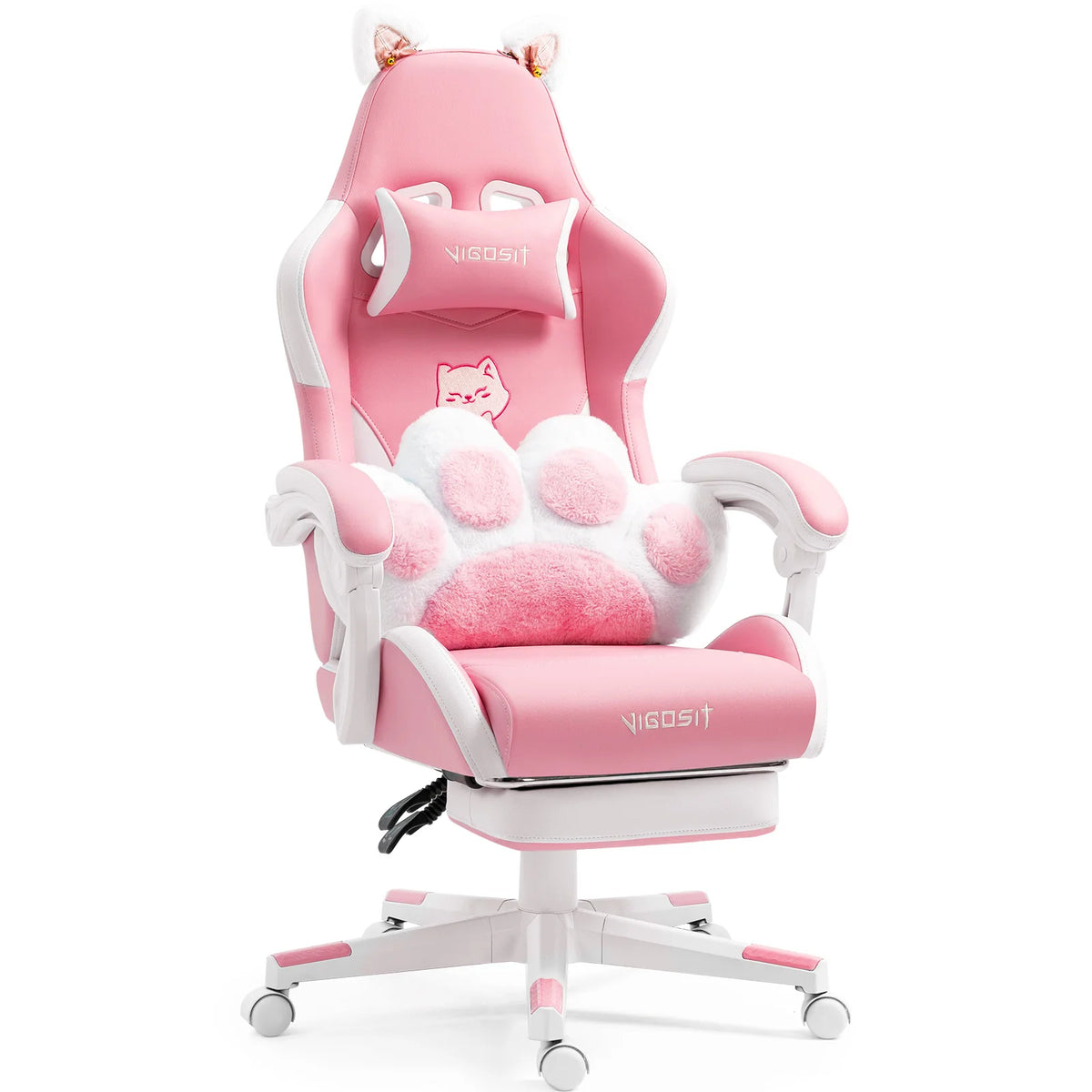Silla gamer rosa con orejas de gato, cojín de pata y reposabrazos blancos acolchados