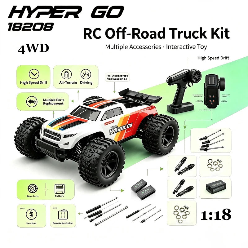 MJX HYPER GO 1:18 4WD 50km/h 18208 Coche de Control Remoto de Alta Velocidad, Monster Truck, Vehículo Todoterreno de Doble Carcasa, Coche de Juguete para Niños RTR