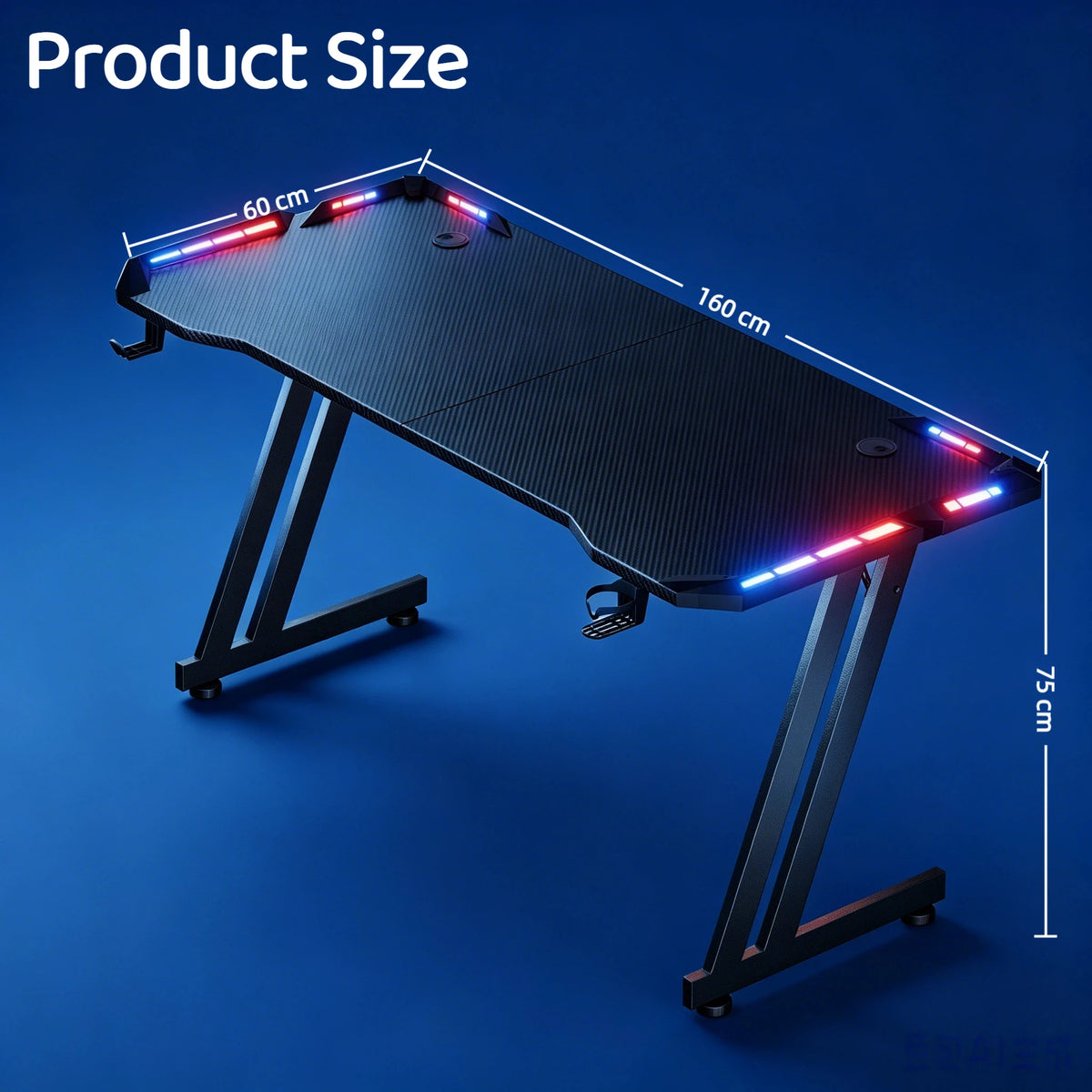 Escritorio NEBMAAX 160×60 cm, altura aprox. 75 cm, con LEDs perimetrales