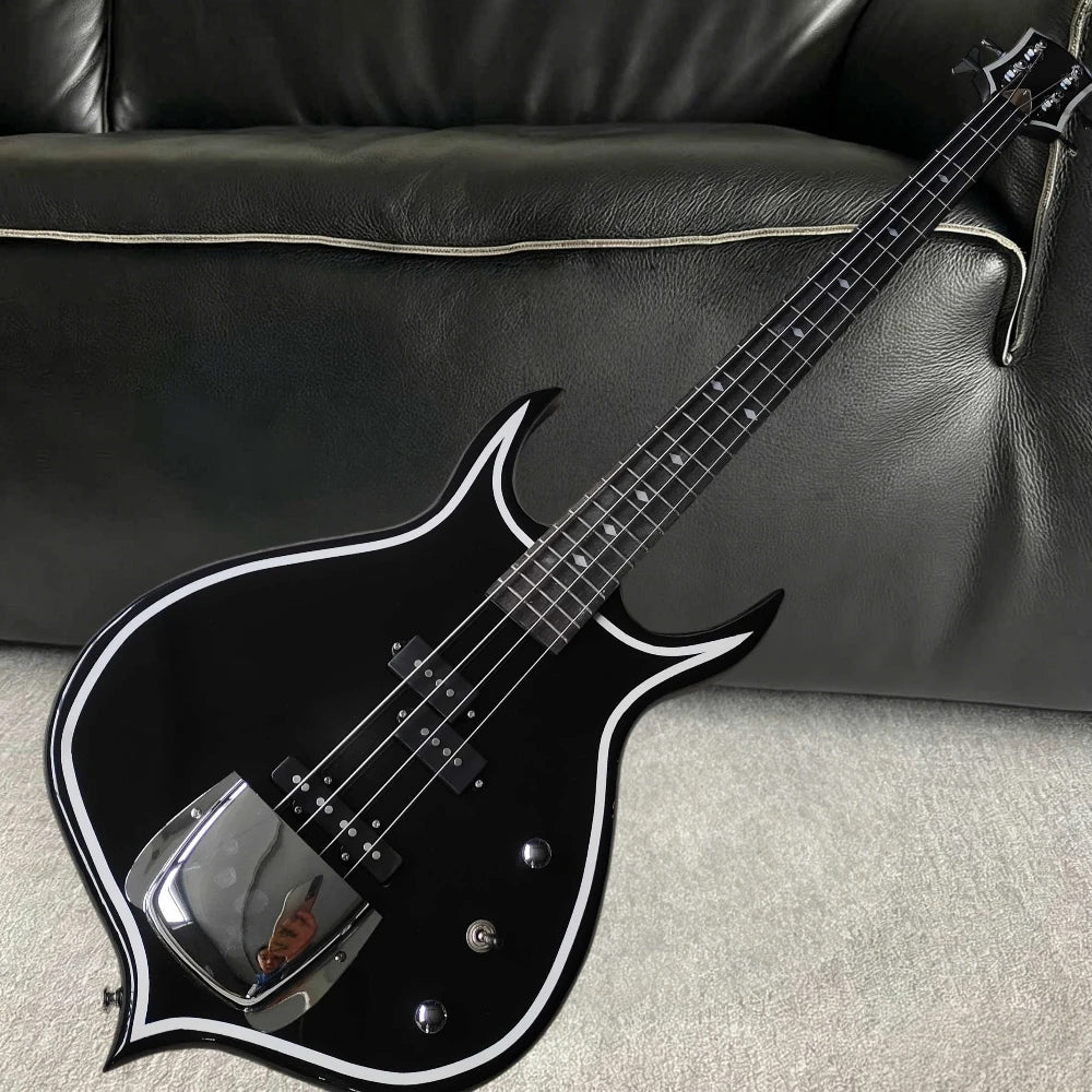 Bajo eléctrico de 4 cuerdas, color negro, diseño personalizado, cuerpo con forma de melocotón, puente fijo, pastillas SSS, acabado de alto brillo.