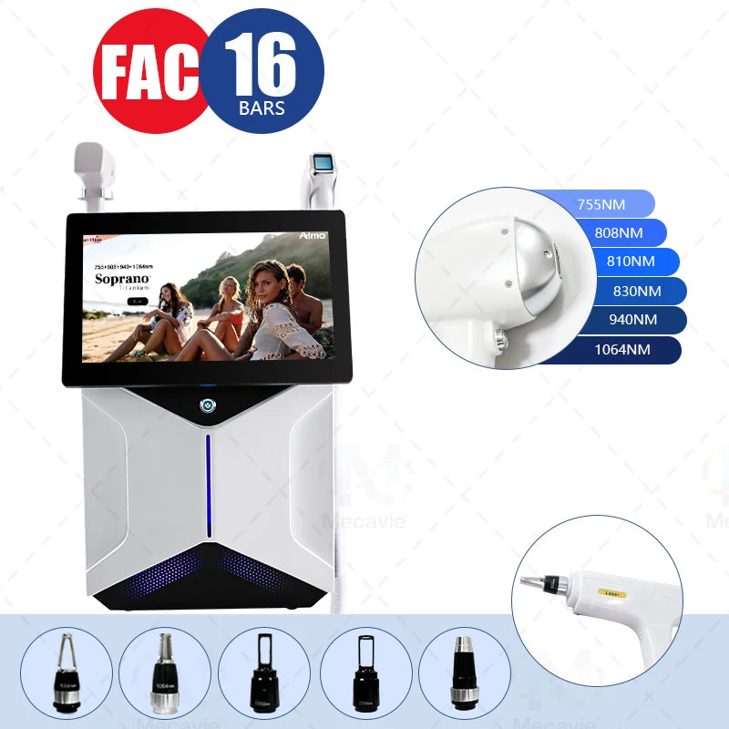 Máquina Láser de Diodo Profesional Soprano 2 en 1 de 5000W 755/808/830/940/1064nm para Depilación y Eliminación de Tatuajes con Sistema de Enfriamiento por Hielo