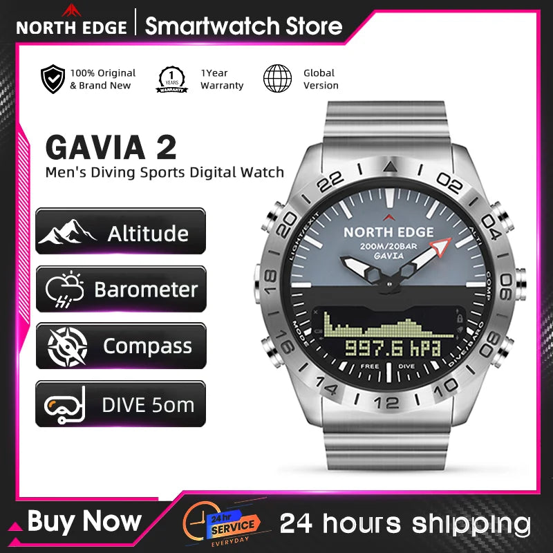 NORTH EDGE Reloj de buceo para hombre, militar, de lujo, de acero, reloj inteligente, brújula, altímetro, barómetro, reloj digital, resistente al agua 200 m