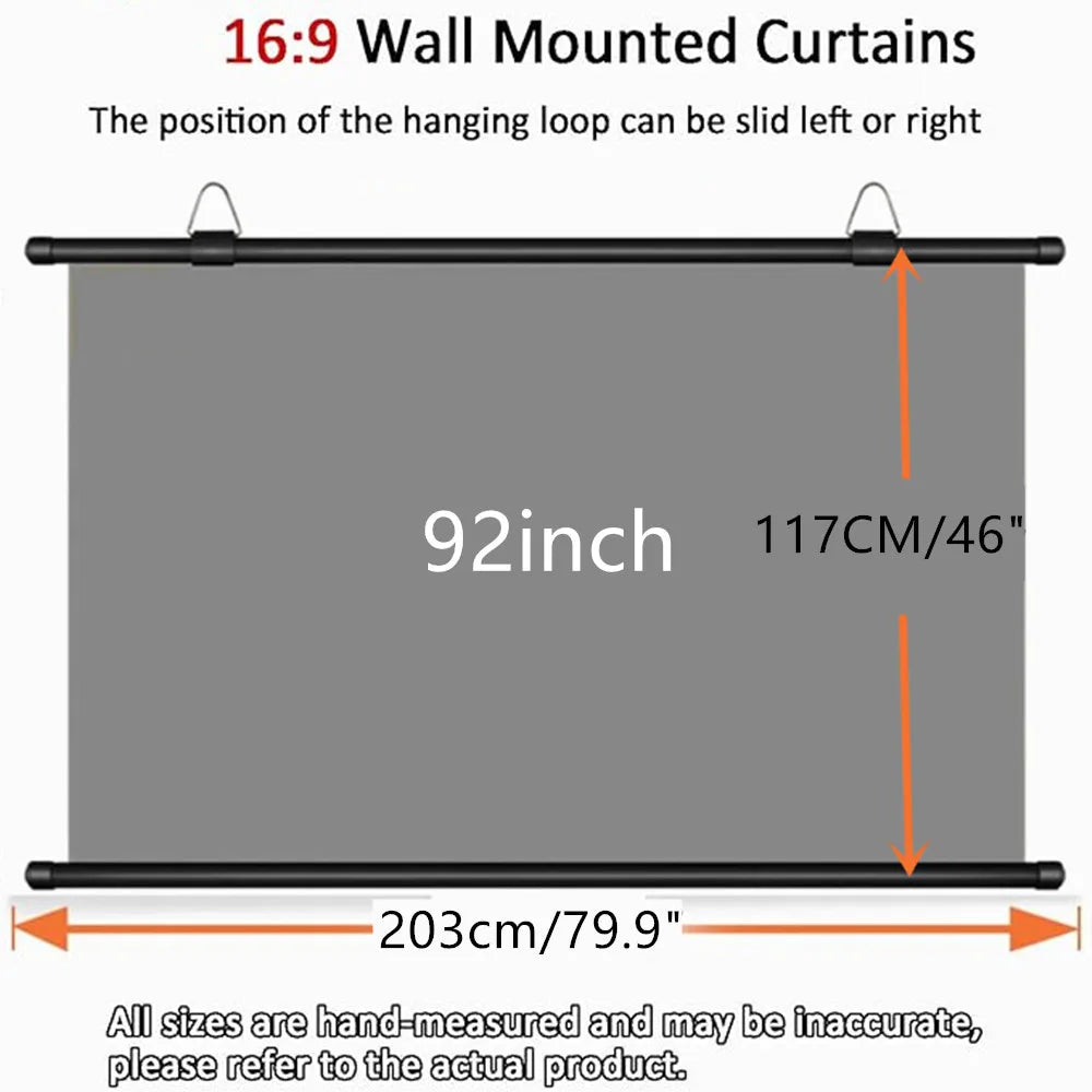 Pantalla de proyector gris montada en pared, tela reflectante, 203×117 cm