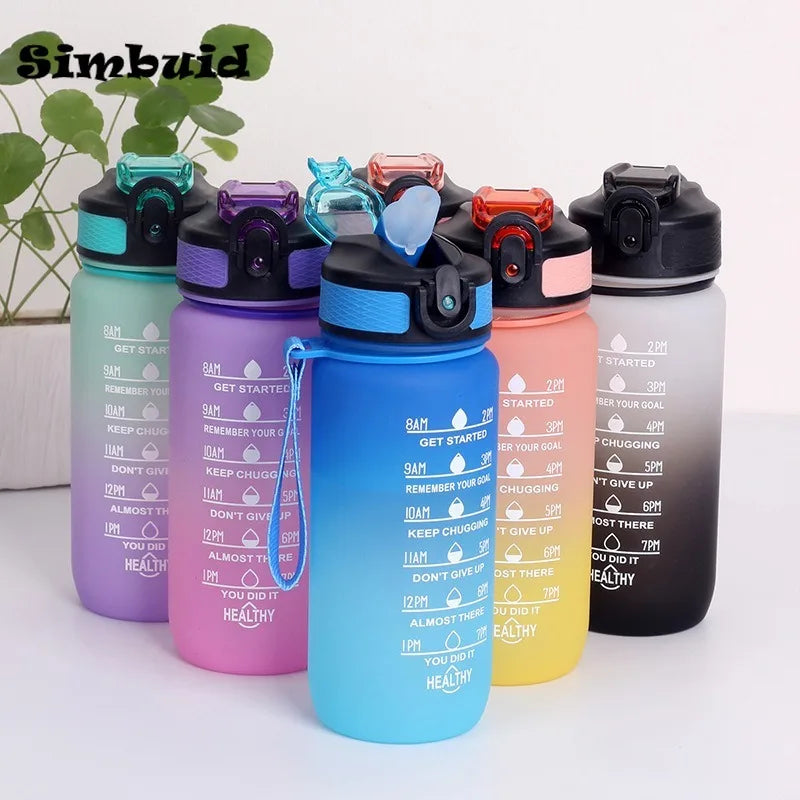 Botella de agua deportiva de 600ML con marcador de tiempo, taza a prueba de fugas, botella de agua portátil motivacional para deportes al aire libre y Fitness