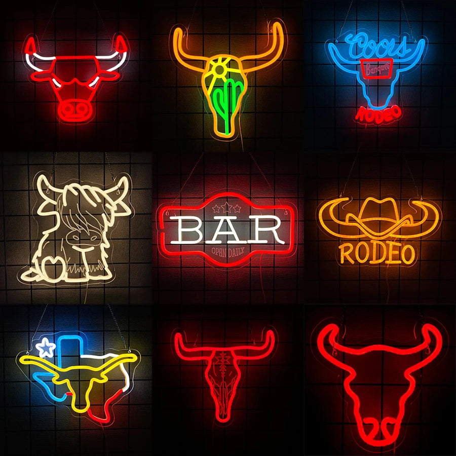 Letrero LED de neón estilo rodeo para pared, con toros y textos BAR y RODEO