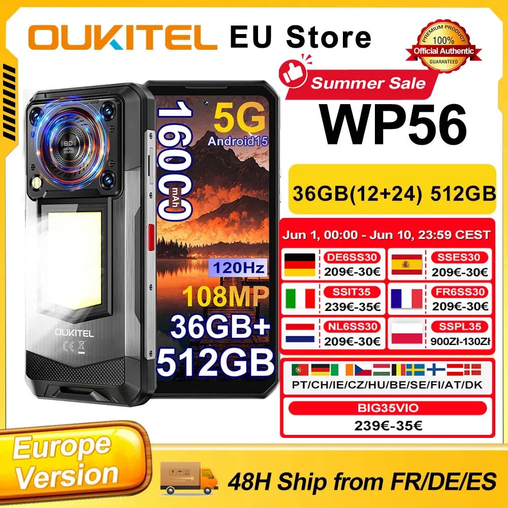 Smartphone OUKITEL WP56 Android 15, 36 GB (12+24) 512 GB, 16000 mAh, 45 W, luz de camping, 6.8" FHD 120 Hz, altavoz de 128 dB, 108 MP, celular 5G