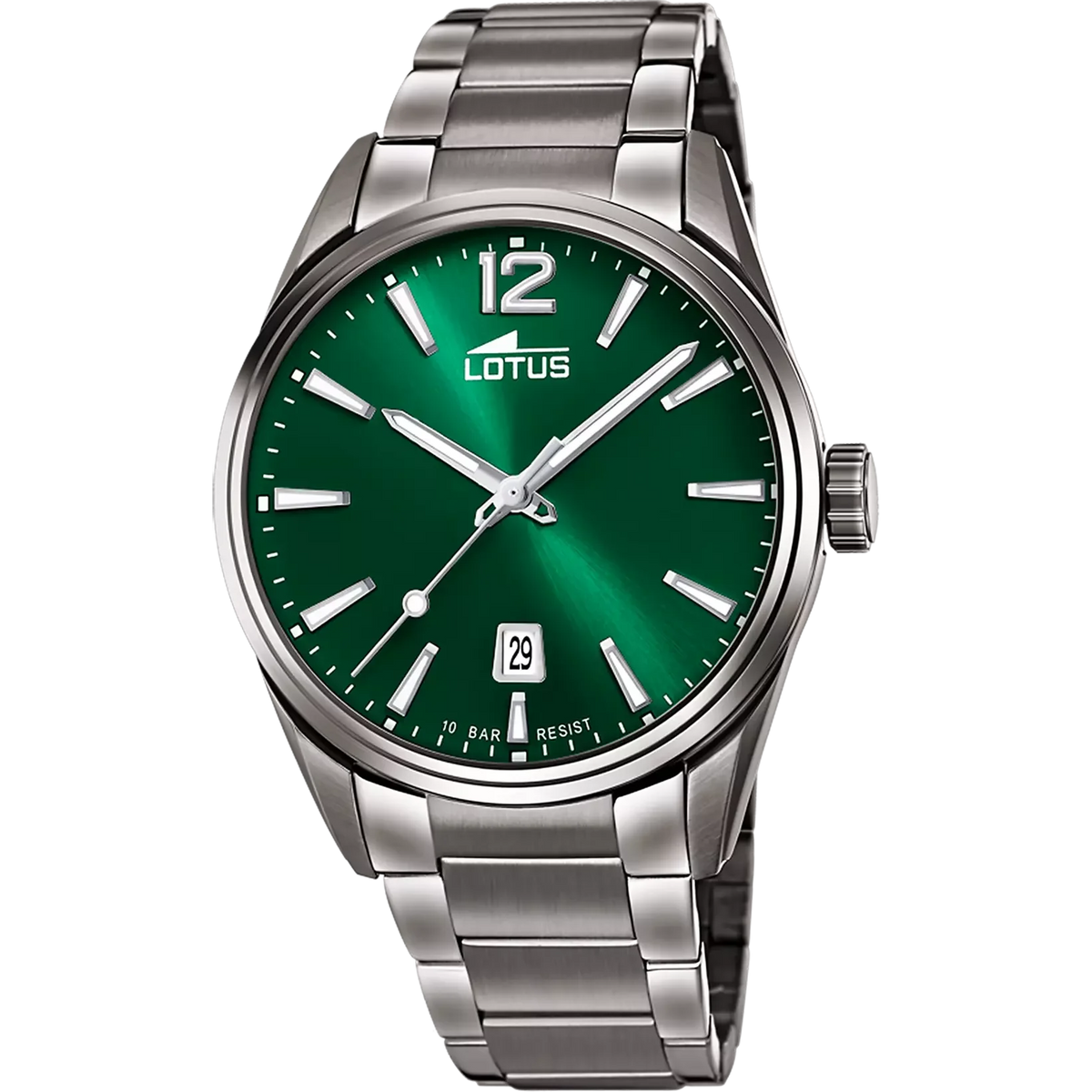 Reloj Lotus para hombre con esfera verde y acabado IP color plomo, modelo 18684/4, cuenta con acero inoxidable duradero, caja de 42 mm, movimiento de cuarzo japonés, indicador de fecha y resistencia al agua de 5 ATM para una funcionalidad elegante.