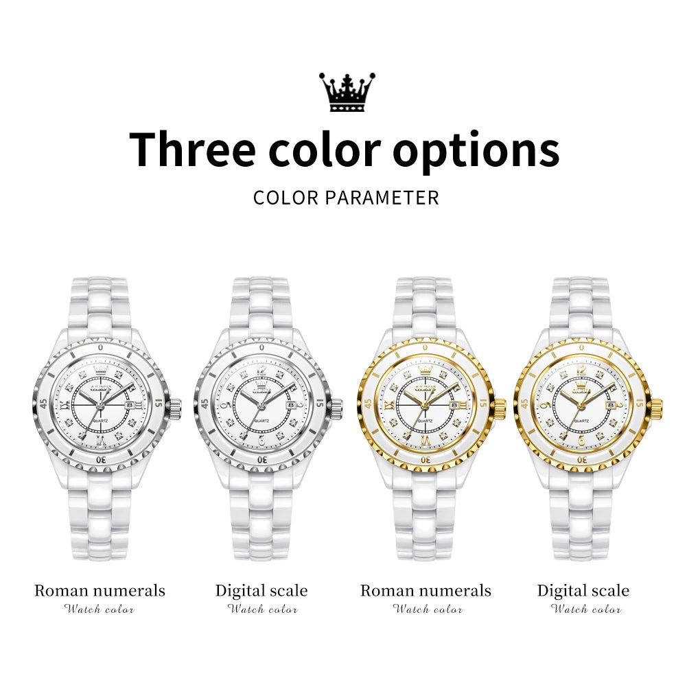Relojes OLEVS 5658 de tendencia casual para mujer, correa de cerámica blanca pura, reloj de pulsera de cuarzo original de marca líder, resistente al agua, luminoso