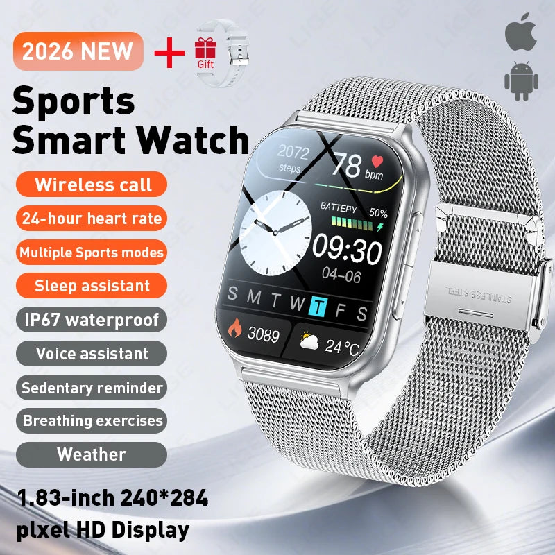 LIGE Nuevo Reloj Inteligente de 700mAh para Hombres y Mujeres, Deportivo, Rastreador de Fitness, Impermeable, Monitor de Frecuencia Cardíaca 24H Integrado, Llamadas Bluetooth, Smartwatch HD de 1.83"