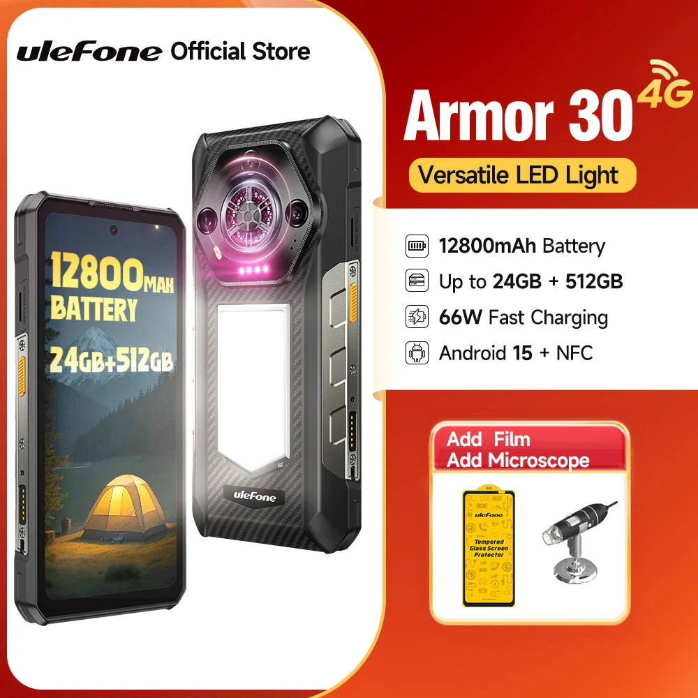 Smartphone Ulefone Armor 30 ultrarresistente, Android 15, 24GB+512GB, LED versátil, NFC, carga rápida de 66W, 12800mAh, altavoz potente, 6,95"