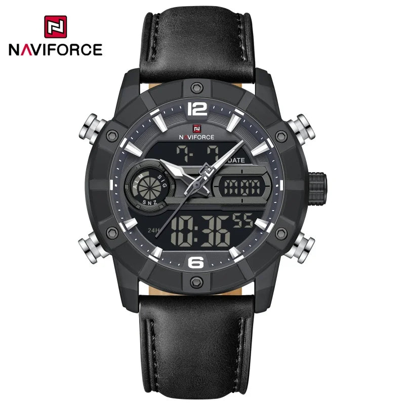 Reloj para hombre NAVIFORCE NF9263 con correa de cuero genuino, cronógrafo, alarma, pantalla luminosa resistente al agua, reloj para hombre con correa de cuero genuino