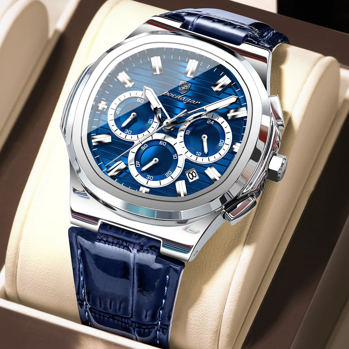 Reloj de pulsera para hombre POEDAGAR, original, de cuero, resistente al agua, luminoso, a la moda, con fecha, cronógrafo, de cuarzo, deportivo.