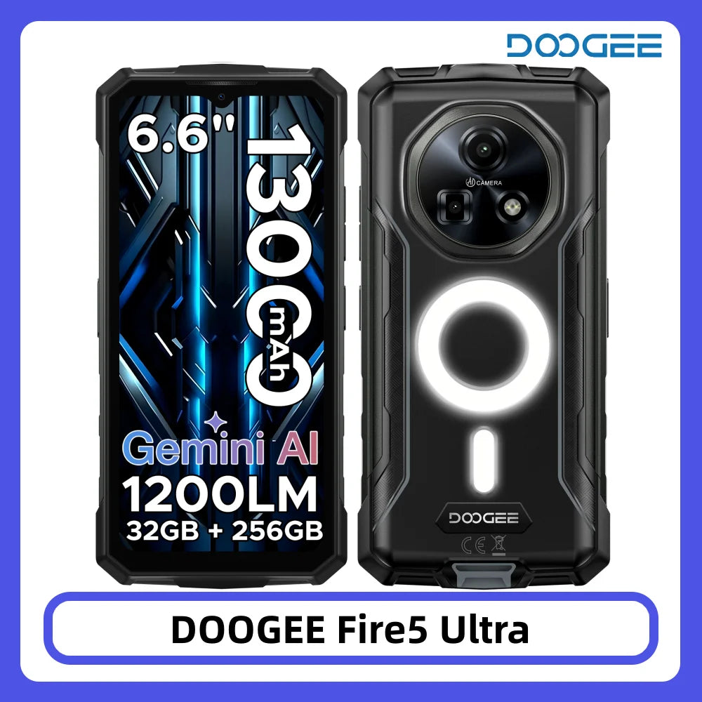 Teléfono ultrarresistente DOOGEE Fire 5, 32 GB + 256 GB, batería de 13000 mAh, Helio G81, 6,6'', cámara de 48 MP, luz para acampar, NFC, smartphone con Android 15