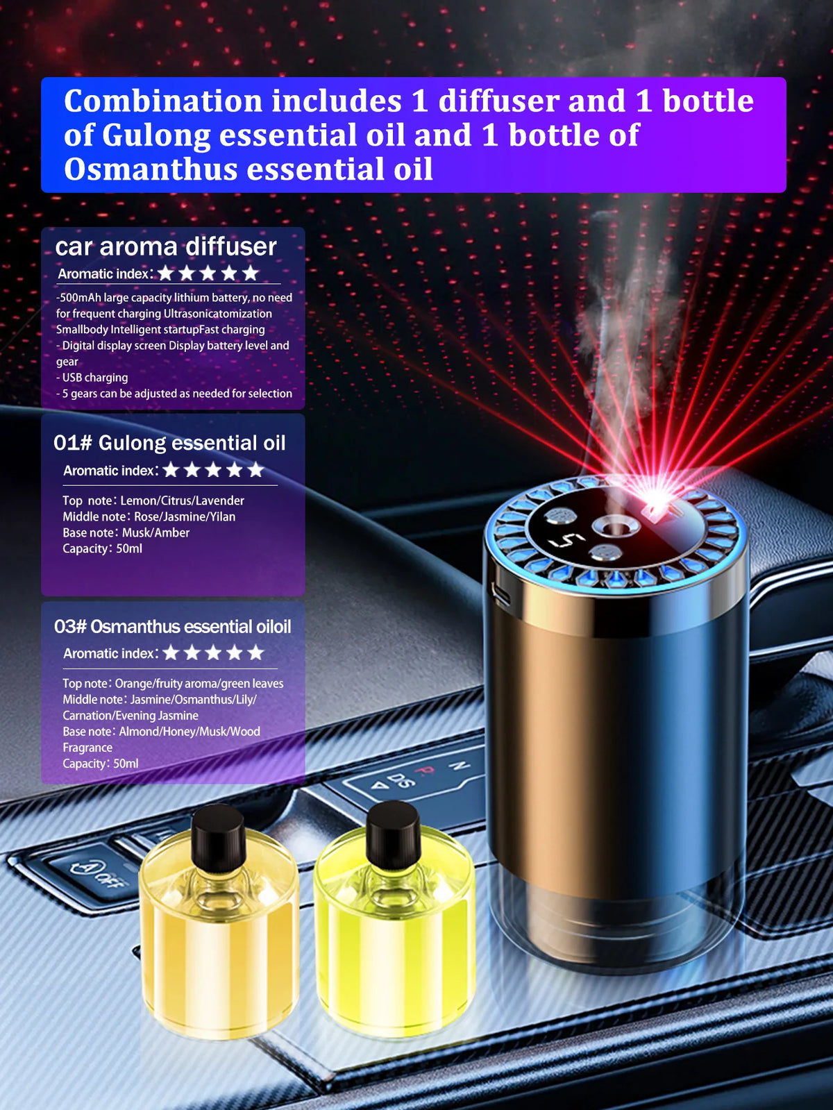 Difusor de aroma de coche recargable, aceite esencial aromático, luces coloridas, luces románticas de cielo estrellado, regalo de dormitorio