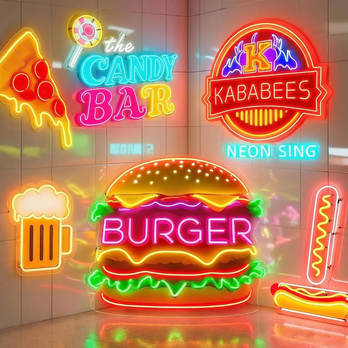 Cartel de neón LED con diseño de hamburguesa y luces multicolor
