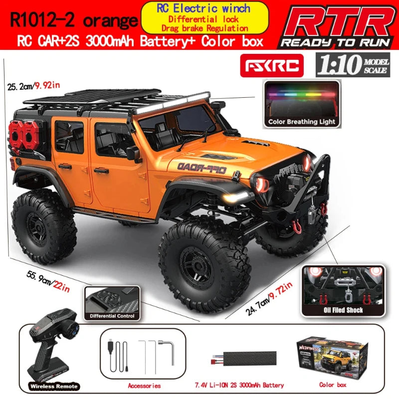 Coche RC 1:10 naranja con carrocería todoterreno y neumáticos de relieve.
