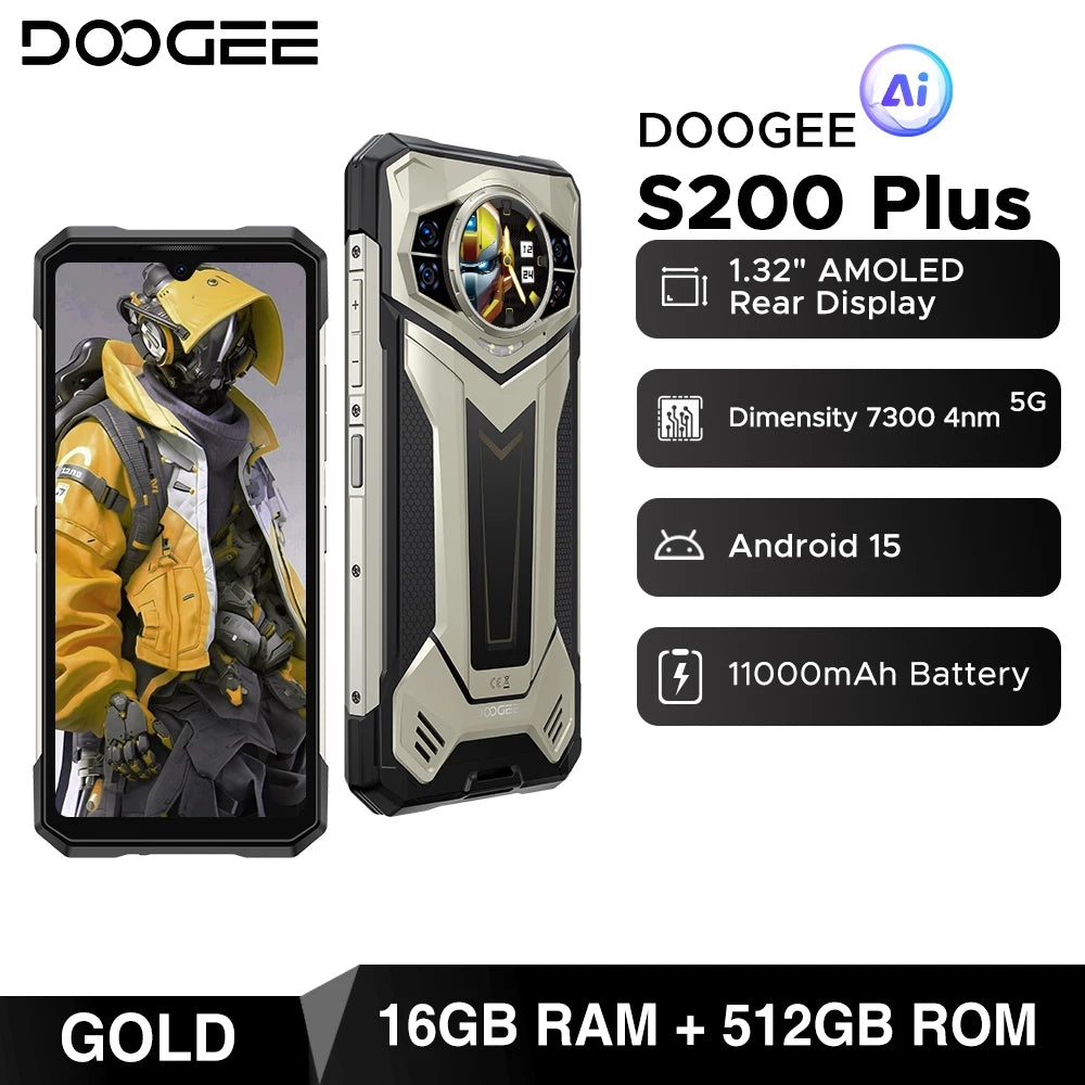 Estreno mundial del teléfono inteligente ultra resistente DOOGEE S200 Plus 5G con IA, Dimensity 7300, pantalla trasera de 1,32", 12+512 GB, pantalla de 6,72" y batería de 10100 mAh