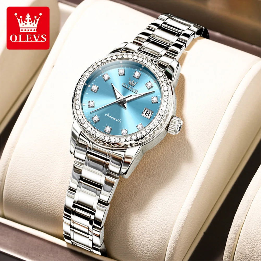 Reloj mecánico para mujer OLEVS 7003, elegante reloj de pulsera con esfera de diamantes de lujo, calendario, resistente al agua y luminoso