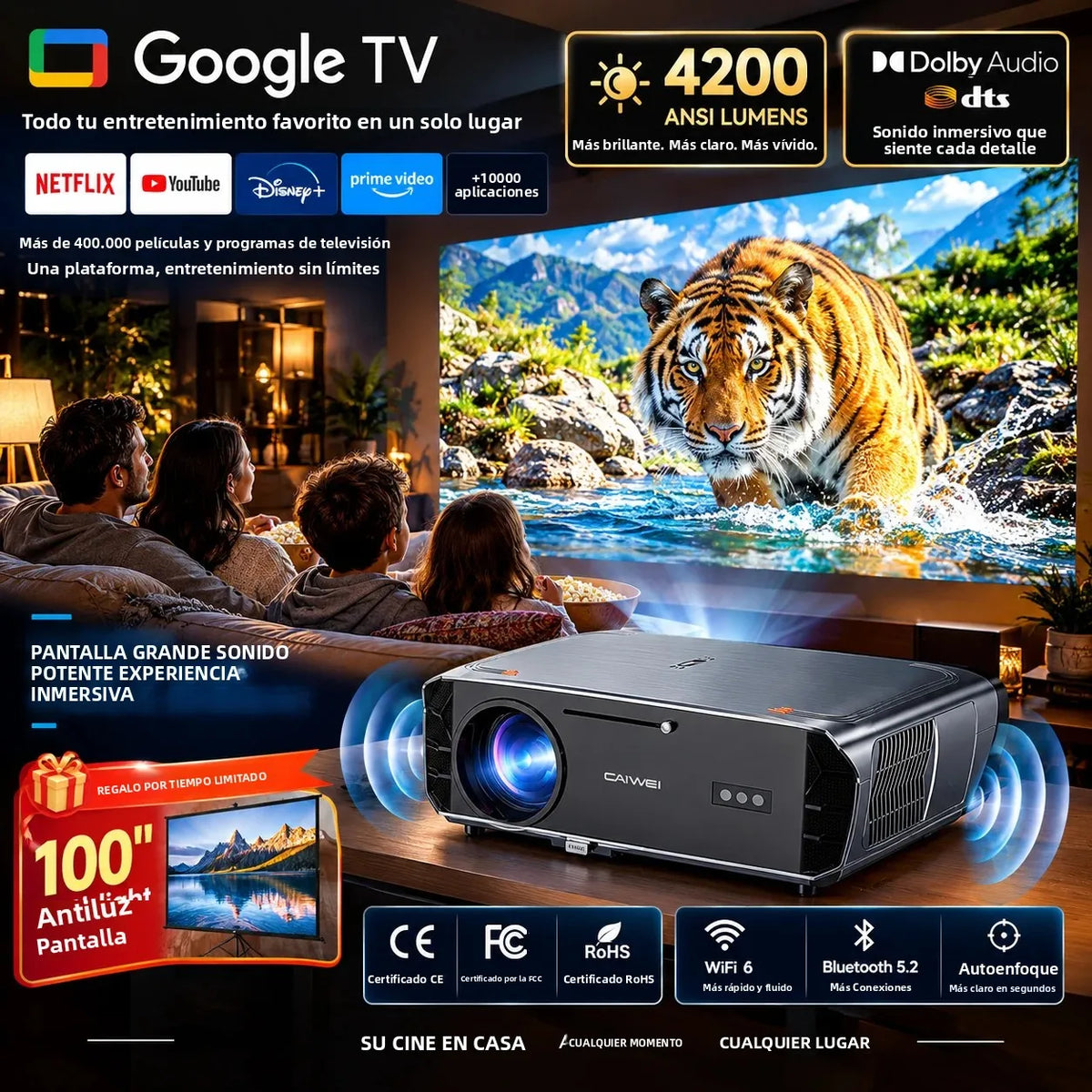Proyector de Video 4K HDR UHD 4200 ANSI, Android 14, Google TV, Proyector de Películas para Día, WiFi6, Enfoque Automático TOF, Altavoz Doble, Cine en Casa