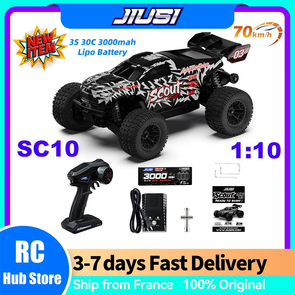 2026 NUEVO SC10 1:10 4WD RTR Coche RC JIUSI FPV Monster Truck de Bashing Servo de 15KG 50+mph Coche RC Todoterreno sin Escobillas con Giroscopio ESC HOBBYWING 60A 2.4G 5CH Alcance de 350m Camión RC de Alta Velocidad Batería