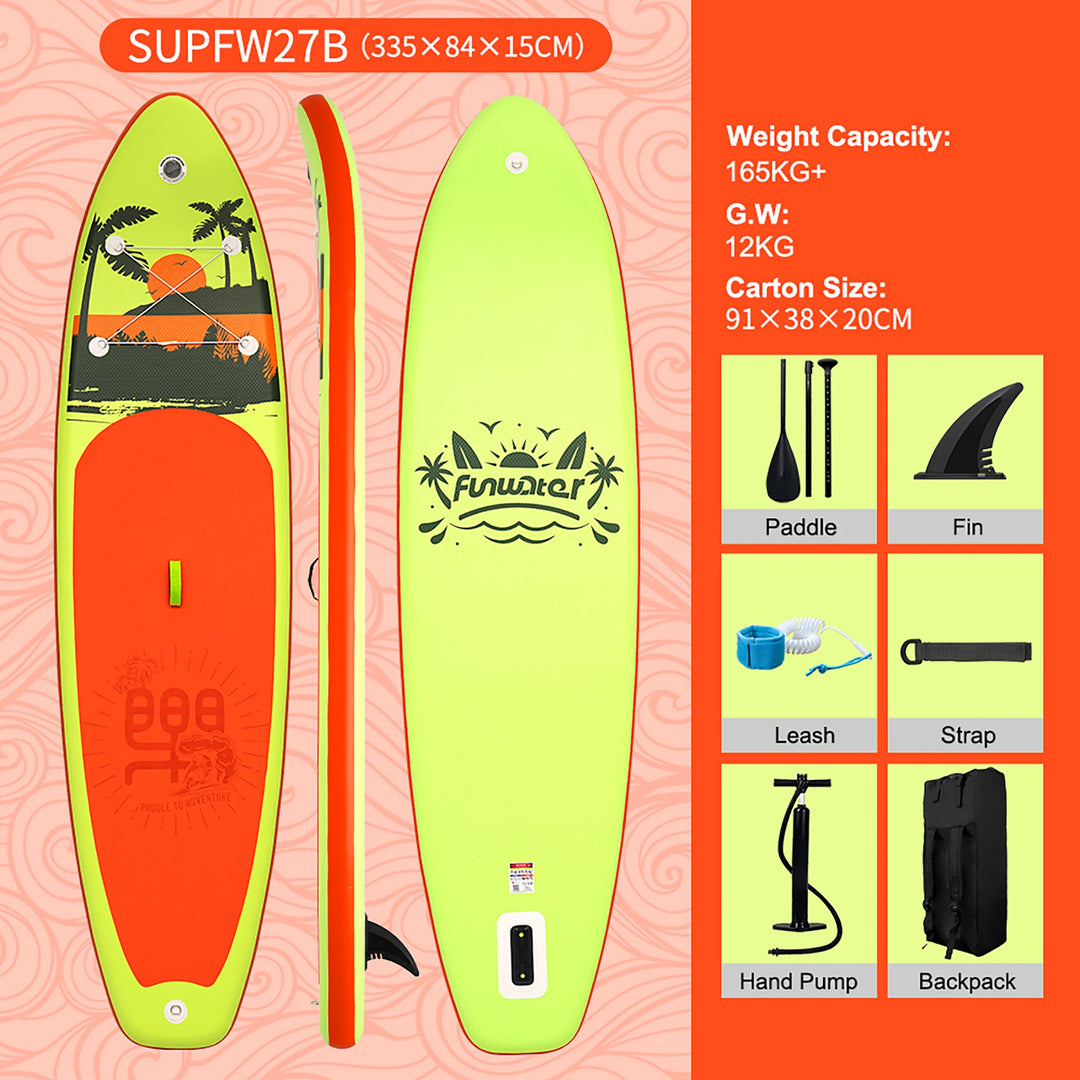 Tabla de SUP Inflable Funwater 335/350cm, Tecnología de Sellado Térmico, Kit Completo de Accesorios, Pala de Doble Punta, Stock Local en la UE