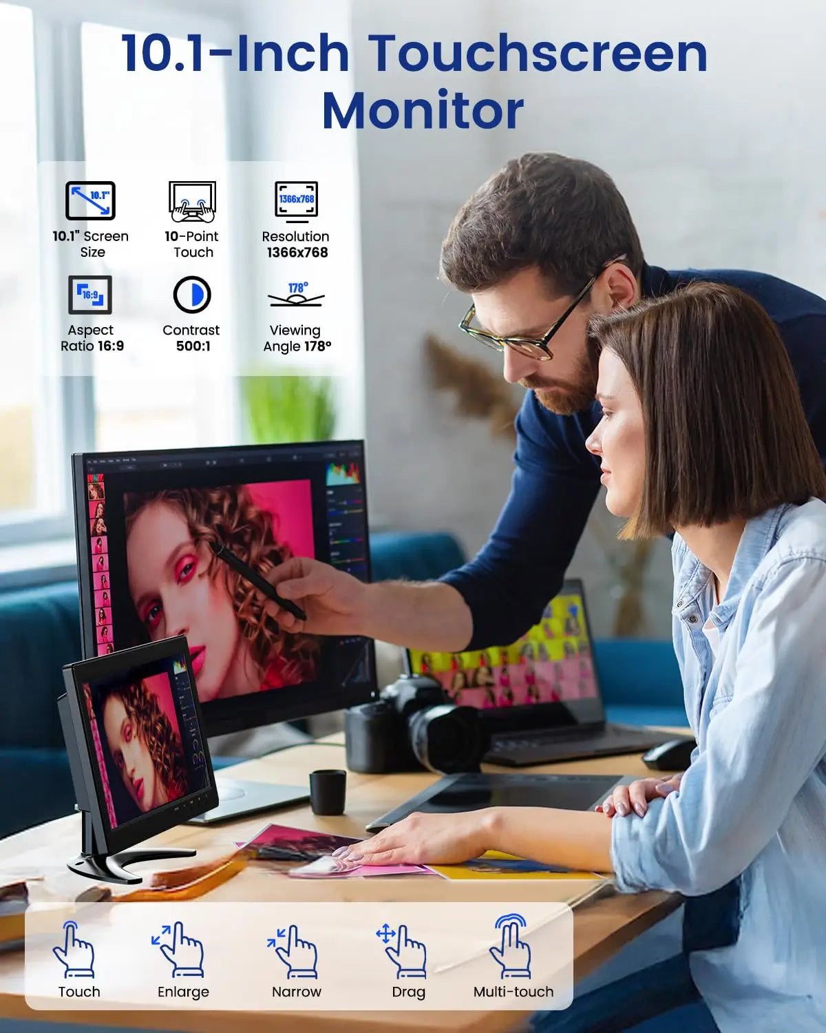 Monitor táctil Eyoyo de 10 pulgadas con pantalla IPS de 1366x768, monitor de escritorio táctil de 10 puntos con altavoz, entradas HDMI, VGA y AV, carcasa metálica, compatibilidad con VESA 75x75, para Raspberry Pi/POS